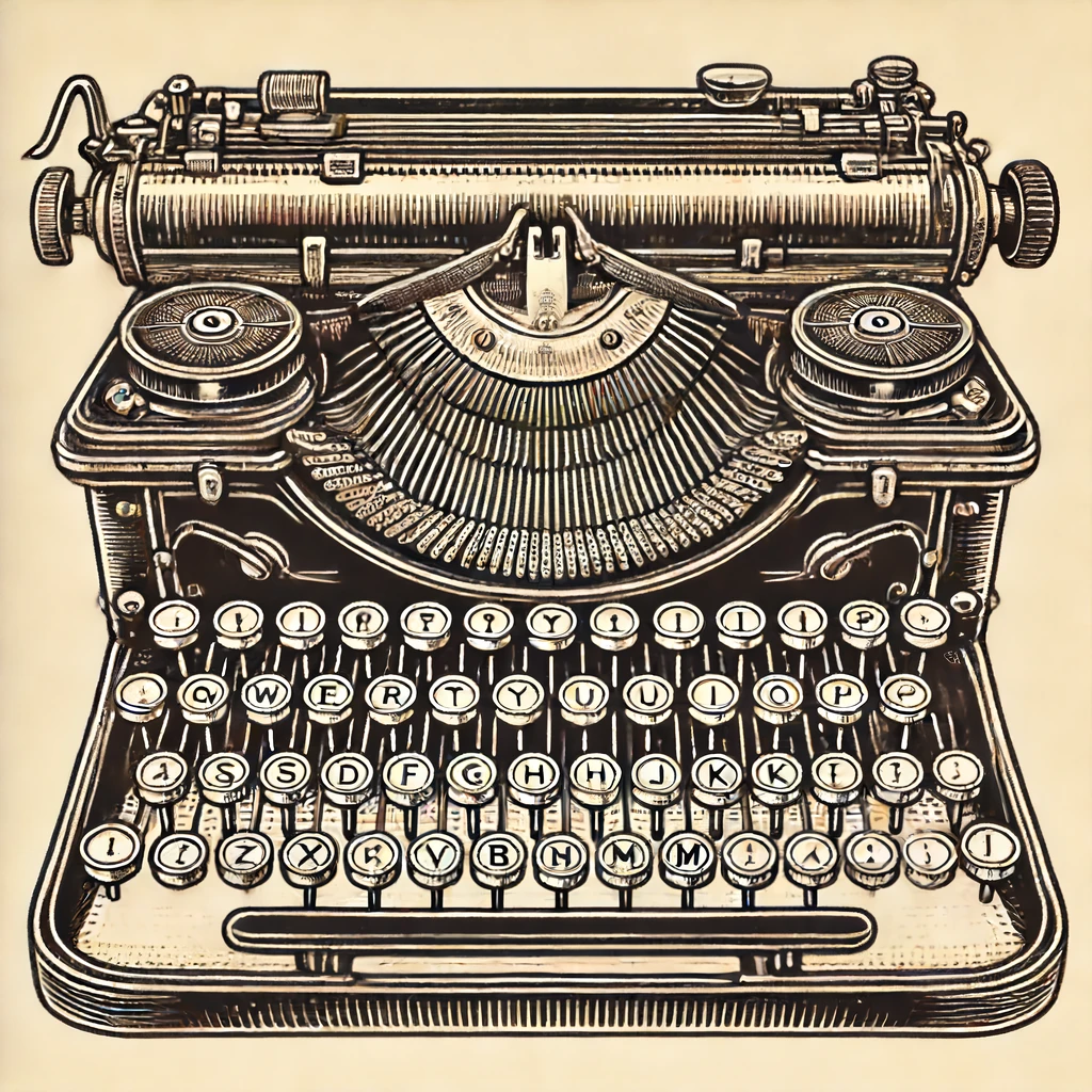 Illustration d'une machine à écrire Une illustration détaillée d'une machine à écrire vintage avec des touches rondes et un levier de retour de chariot.
