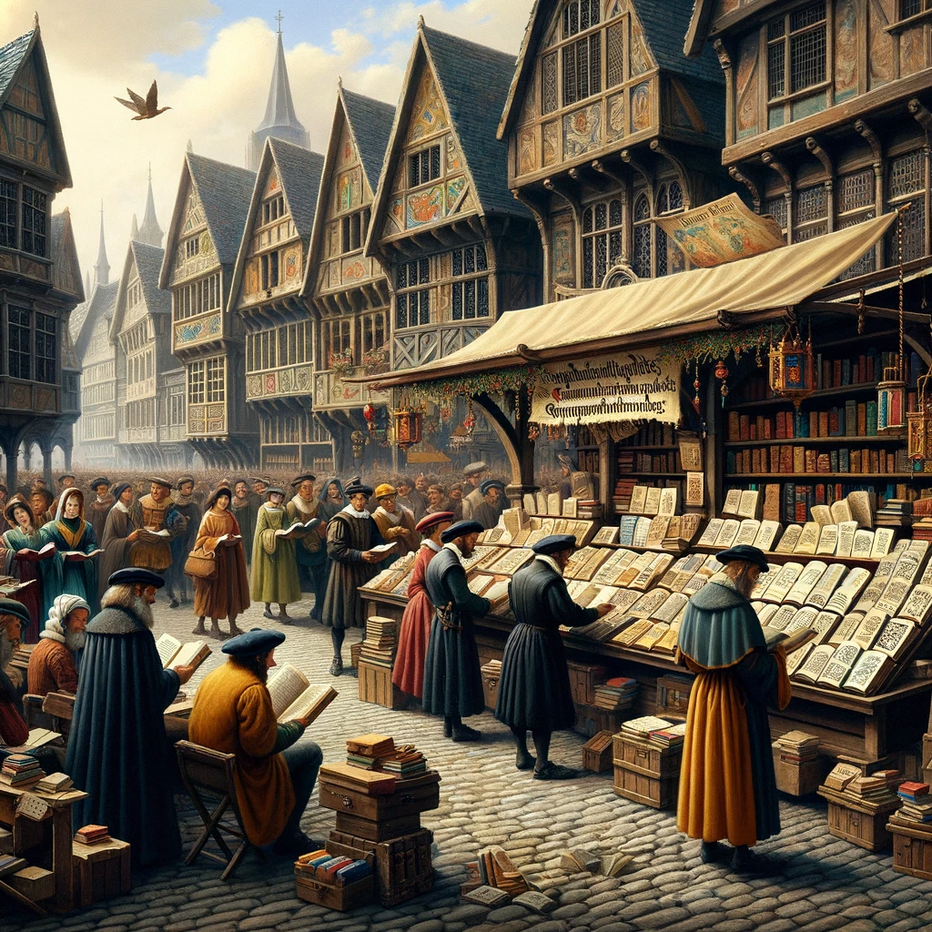 Un marché européen animé du 15ème siècle avec un étal de livres