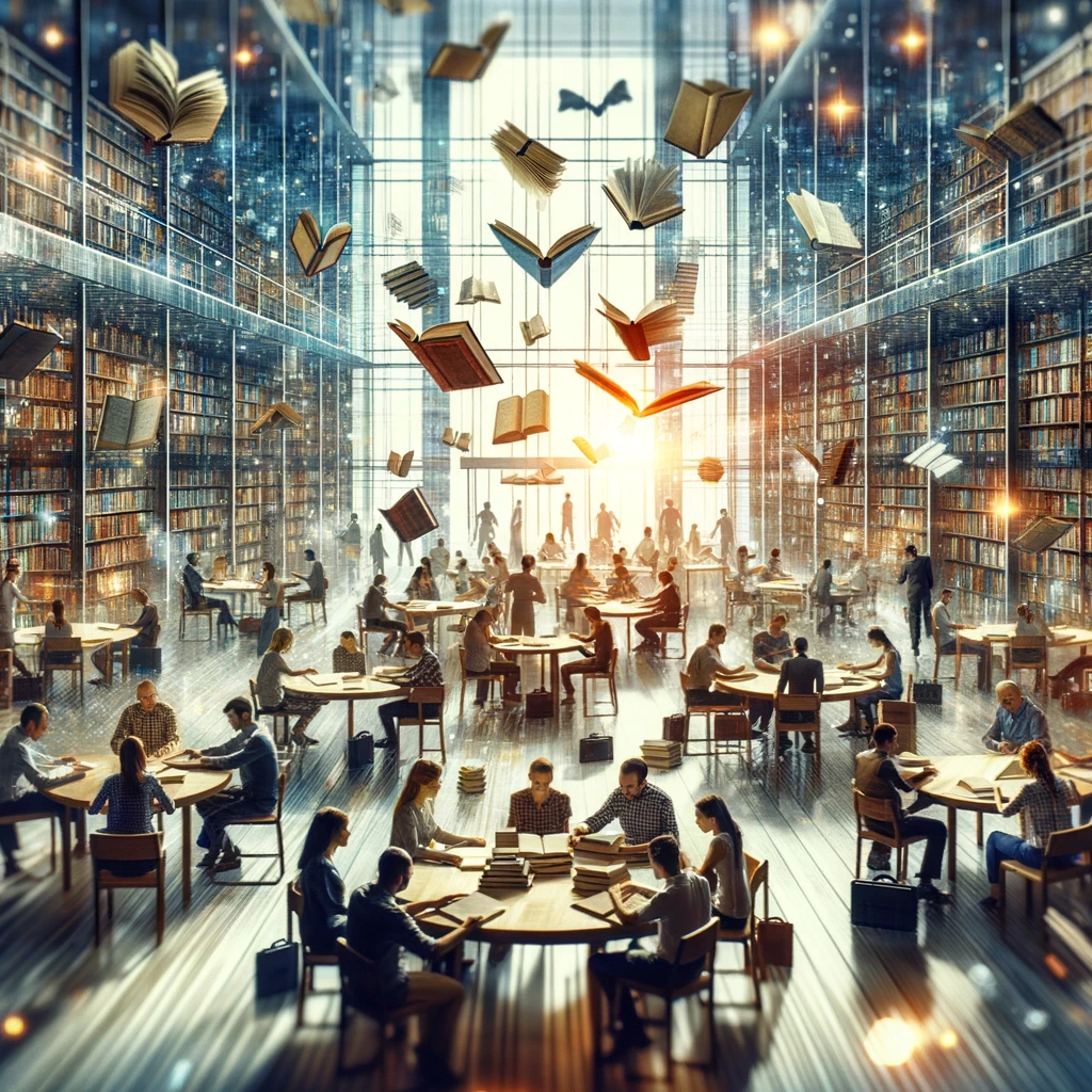 Une bibliothèque moderne remplie de livres et de personnes étudiant