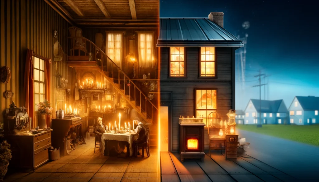 Illustration de la vie avant et après l'électrification, comparant une maison du XIXe siècle avec des bougies et une cheminée à une maison moderne équipée de lumière électrique et d'appareils électroménagers.