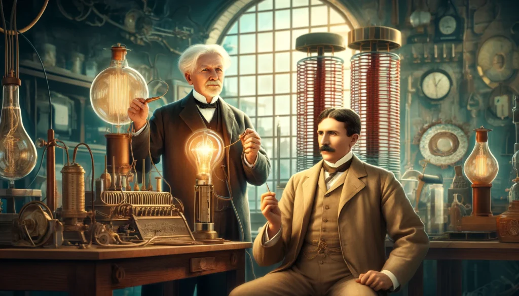 Illustration de Thomas Edison tenant une ampoule à incandescence et Nikola Tesla avec sa bobine Tesla, dans un laboratoire du XIXe siècle.