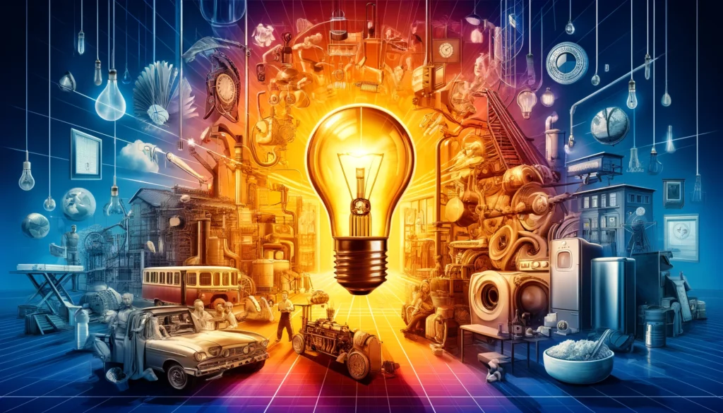 Illustration montrant une chronologie des innovations électriques, incluant des ampoules, des appareils ménagers et des machines industrielles, du début du XXe siècle à l'époque moderne.