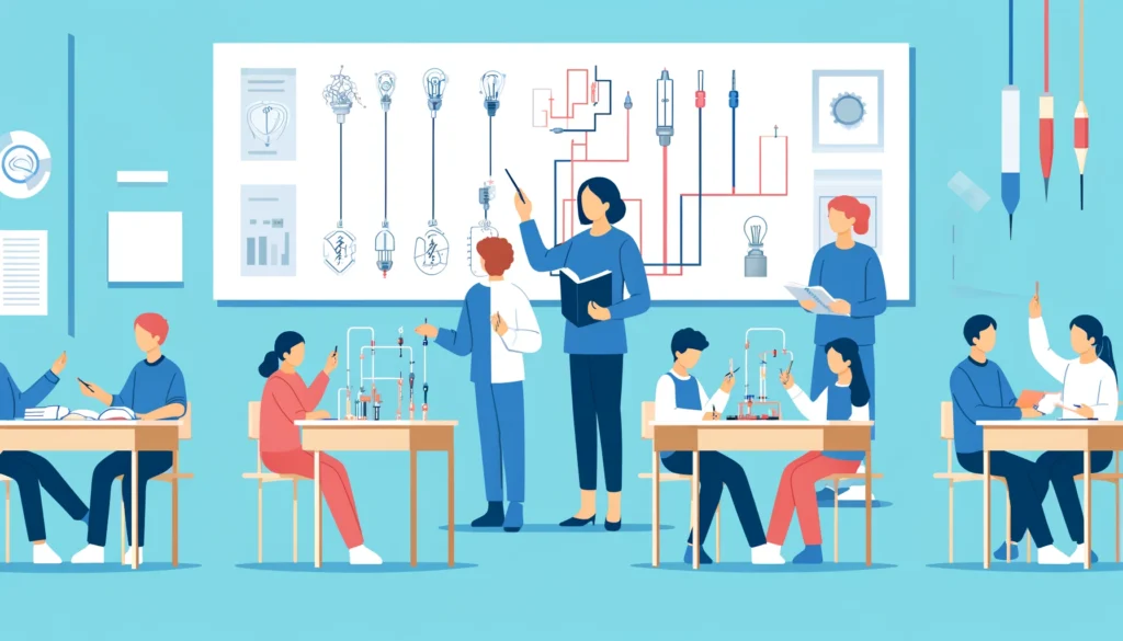 Illustration d'une salle de classe où des élèves apprennent les principes électriques à travers des expériences pratiques, encadrés par un enseignant.