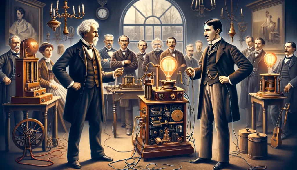 Illustration de la "Guerre des courants" avec Thomas Edison démontrant son système DC et Nikola Tesla avec ses inventions AC, dans un contexte de la fin du XIXe siècle.