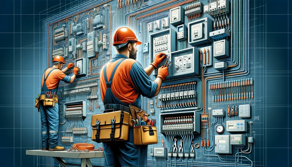Illustration montrant des électriciens portant des équipements de protection, des câblages correctement installés et des panneaux électriques étiquetés, soulignant l'importance de la sécurité en matière d'électricité.