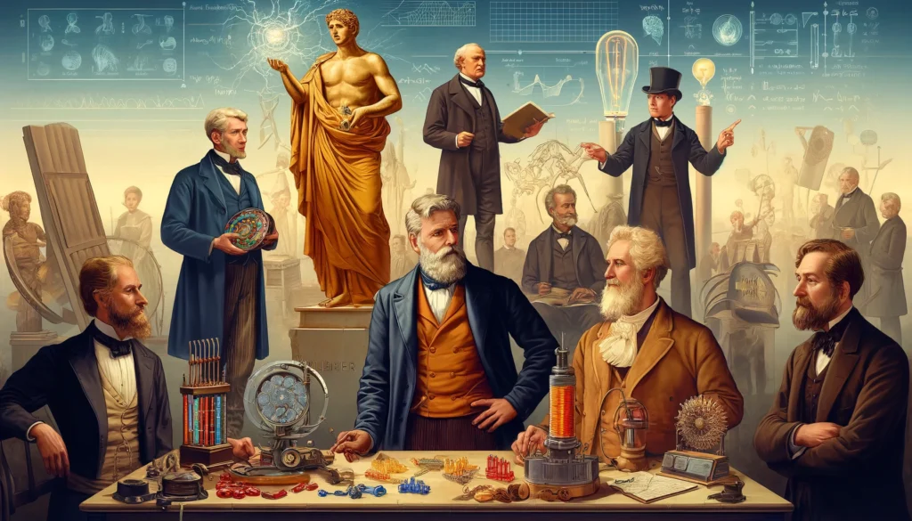 Illustration des pionniers de l'électricité, incluant Thalès de Milet, William Gilbert et Michael Faraday, chacun démontrant leurs contributions respectives.