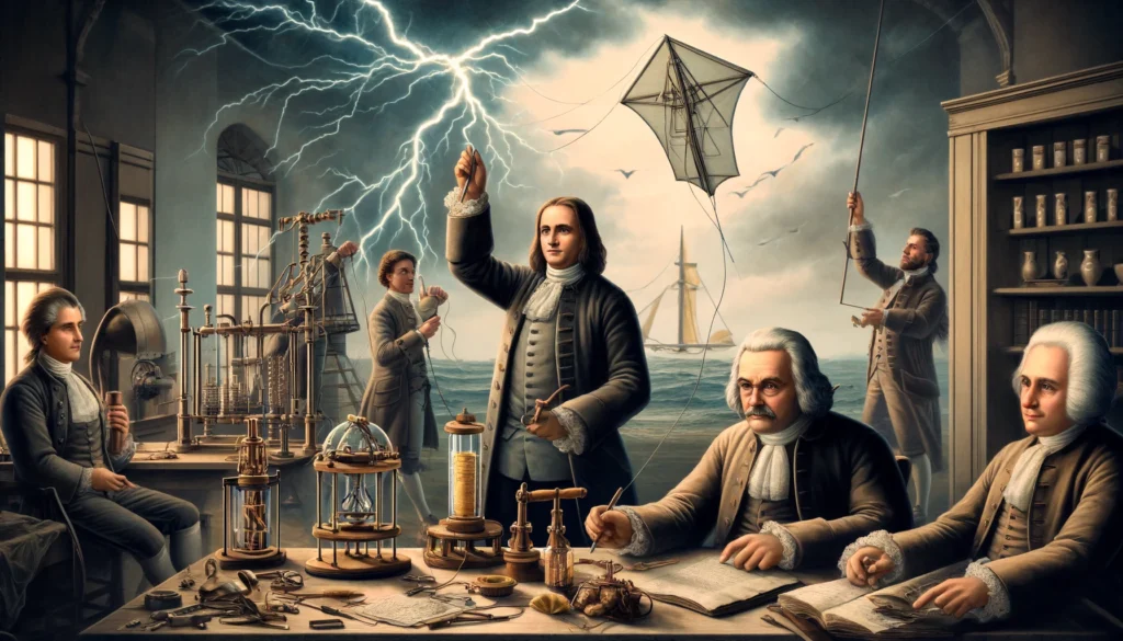 Illustration des premières expériences électriques avec Benjamin Franklin tenant un cerf-volant pendant un orage et Alessandro Volta travaillant sur sa pile voltaïque.