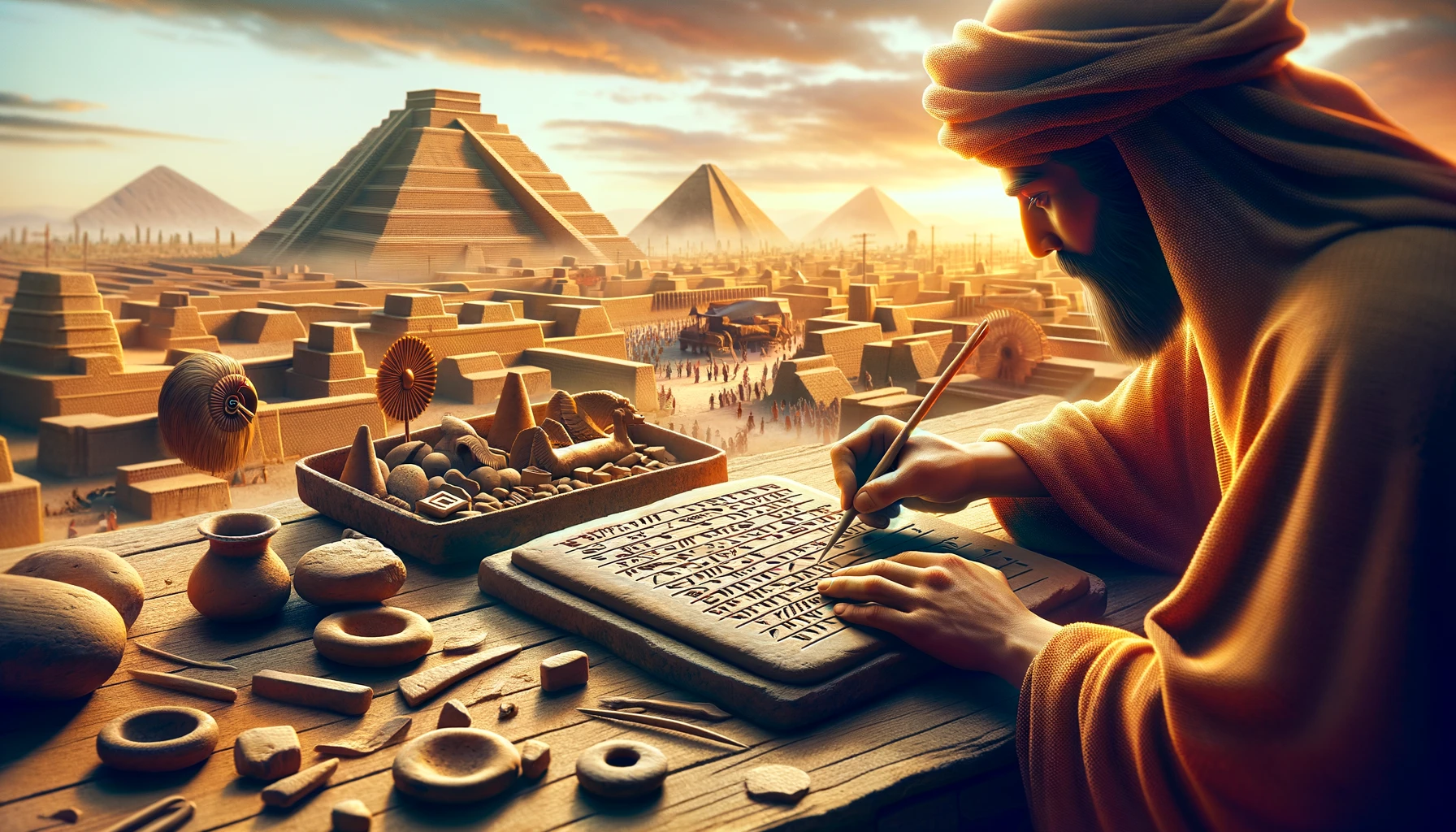 Une scène de l'ancienne Mésopotamie représentant un scribe en train de graver des pictogrammes sur une tablette d'argile à l'aide d'un stylet en roseau.
