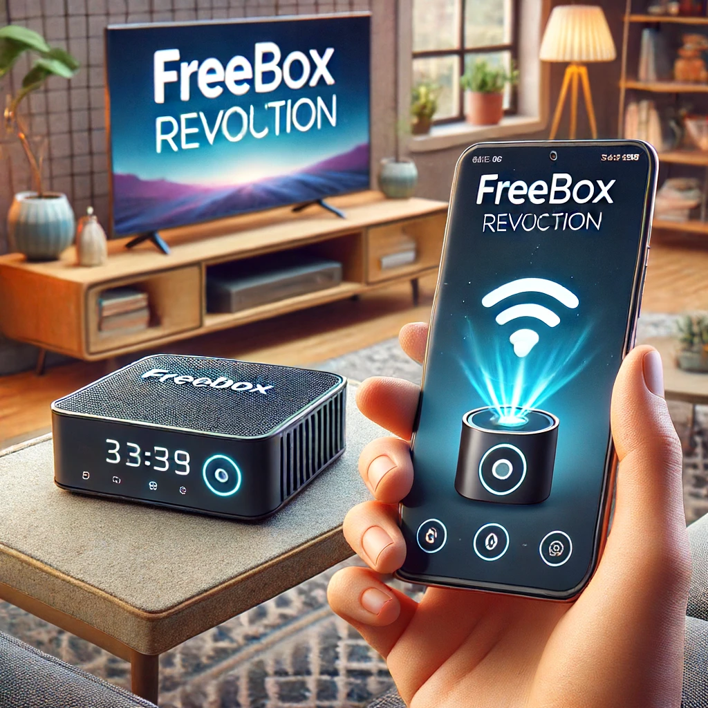 Freebox Révolution et smartphone avec icône de casting, connectés à une télévision dans un salon.